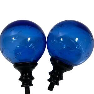 Vintage Cobalt Blue Etched Blown Glass Screw Finials Lamp Bedpost Frame Light